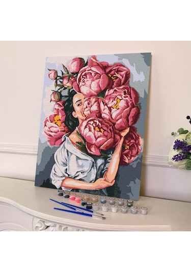 Sayılarla Boyama Seti 40 x 50 CM Tuval Şasesine Gerili Çiçekli Kadın