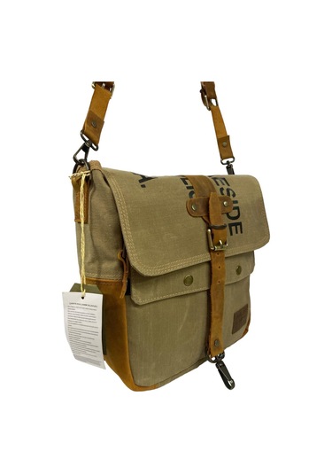 Vintage Baskılı Su Geçirmez Kanvas Deri Unisex Postacı Omuz Çantası 29 Cm X 30 Cm Taba