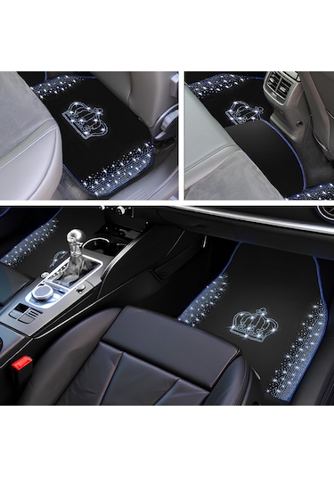 Kristal Taşlı Taç Desenli Işıltılı 5 Li Araç Oto Halı Paspas Seti Lüks & Şık Araç İçi Tasarım
