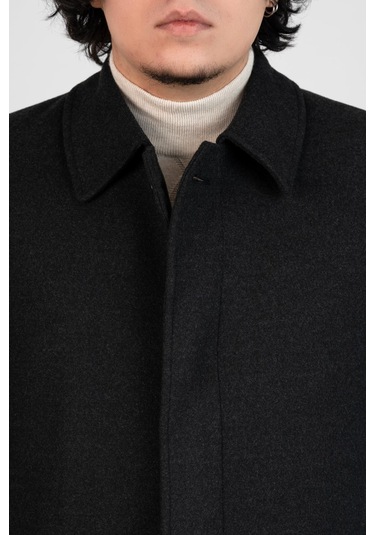Yakalı Klasik Kesim Düğmeli Uzun Kaşe Erkek Kaban Antrasit