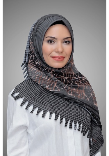 Antrasit Pratik Hazır Geçmeli Tesettür Eşarp Kesik Elyaf Piliseli Antrasit