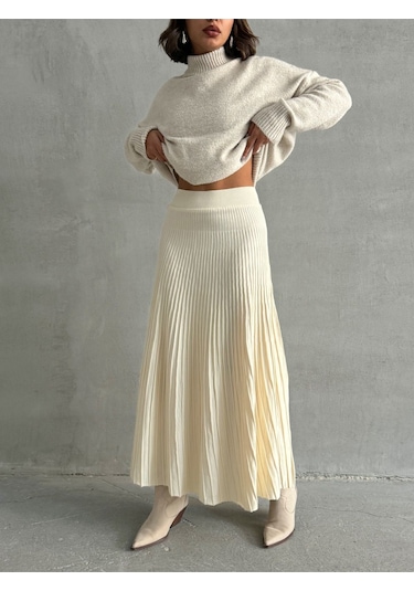Kadın Piliseli Uzun Triko Etek Krem