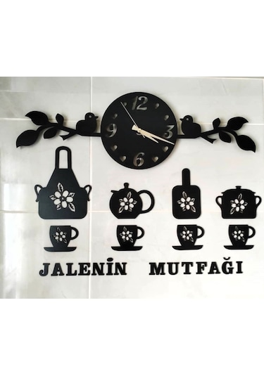 Mutfak Duvar Saati Ve Duvar Dekoru Set Kişiye Özel Siyah