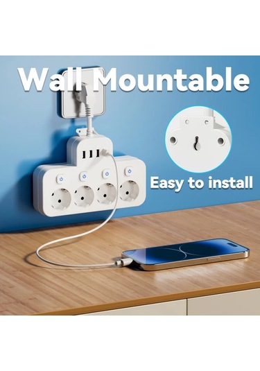 Xuweiwei 8li Avrupa Standart Güç Şeridi Siyah Aşırı Yük Korumalı 4 Ac Çıkış 3 Usb Port Duvara Monte Şarj İstasyonu Ev Ofis Seyahat İçin