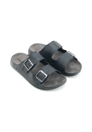 Gezer Naturela Comfort Erkek Yazlık Suni Deri Çift Toka Ayarlanabilir Rahat Taban Günlük Terlik Siyah