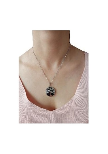 Siyah Yıldız Doğal Taşlı Hayat Ağacı Çelik Kolye - Kadın