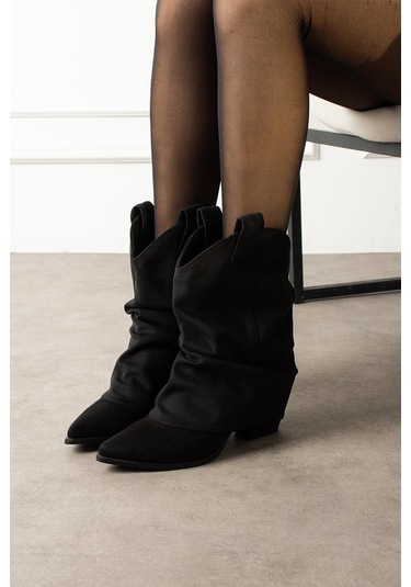 Shoetek Livinya Kadın Kovboy Bot Körüklü Siyah Süet Siyah