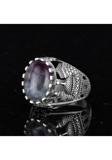 Gerçek Doğal Florit Taş Yüzük, Dini Gümüş Yüzük, 925 Ayar Gümüş Yüzük Erkekler İçin Gümüş