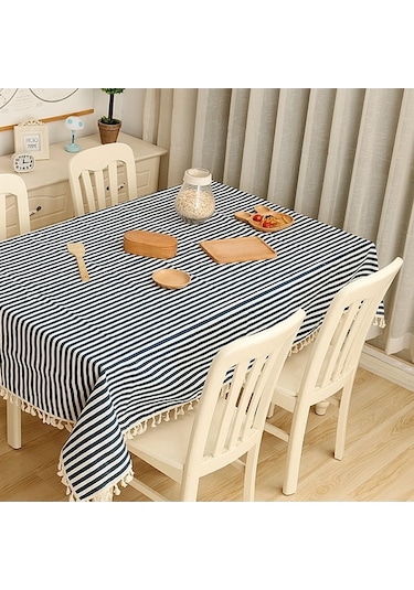Kumaş Pamuklu Yemek Masa Örtüsü Dekorasyon Bezi, Boyut: 140x180cm Mavi Şerit Çok Renkli Çok Renkli