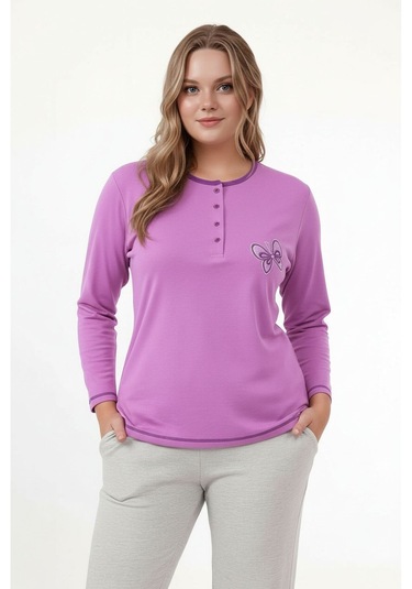 Kadın Bisiklet Yaka Düğmeli Kelebek Nakışlı Uzun Kol Büyük Beden Pamuk Curve Gecelik mor
