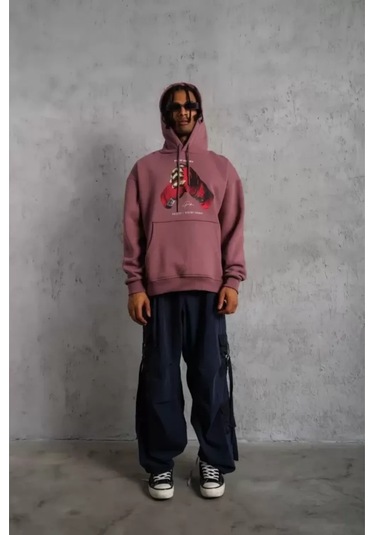 Erkek Eldiven Baskılı Kapüşonlu Sweat - Gül Kurusu renkli
