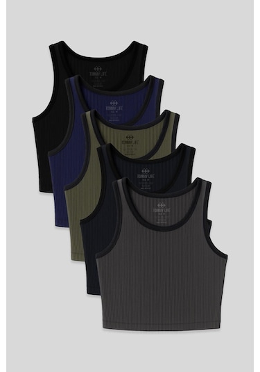 Basic U Yaka 5li Paket Kadın Crop Top Atlet - 97160 Siyah - Krem
