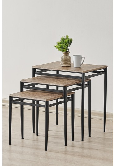 Damrin Serisi Traverten Desen 1. Sınıf Mebran Mdf 3 Lü Zigon Sehpa Takımı Ceviz Desen - Siyah Ayak