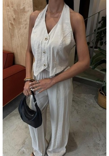 Halter Yaka Yelekli Modal Takım 10144 Altın
