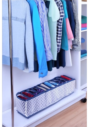 5 Adet 11 Bölmeli Large Puantiyeli Mavi Beyaz Çekmece Ve Dolap Içi Akordiyon Organizer Mavi