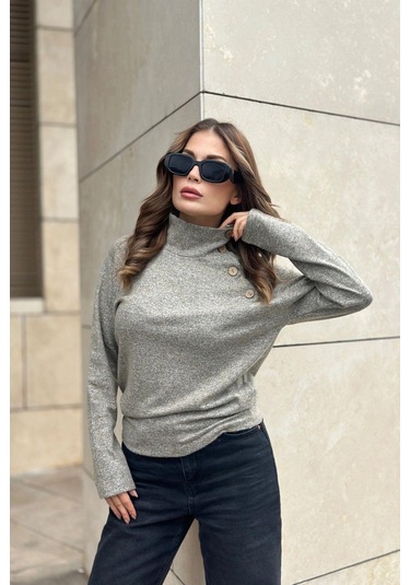 Kadın Bej Kendinden Desenli, Yumoş Kumaş, Uzun Kol, Düğme Detaylı, Boğazlı Bluz Bej