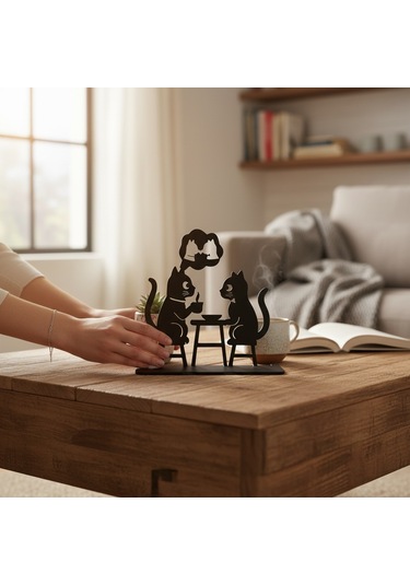 Kedi Figürlü Metal Masaüstü Dekor Kahve Sohbeti Tasarım Obje