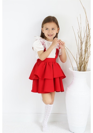 Kız Çocuk Helen Kırmızı Askılı Bağlama Jile 23 Nisan 29 Ekim Elbise Ekru Dantel Kısa Kollu Bluz Takım