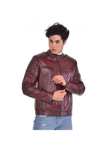 Hakiki Deri Fermuarlı Hakim Yaka Dört Cepli Erkek Deri Ceket Kahverengi Kahverengi