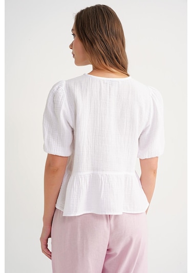 4713 Kadın Beli Büzgülü Kolu Lastikli Bol Müslin Bluz Beyaz Beyaz