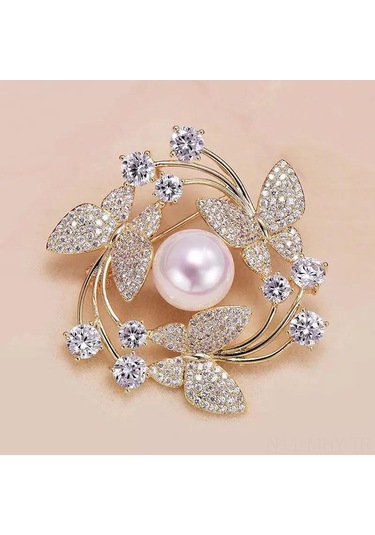 Monyee Kelebek Desenli İkiz Perl Yaka İğnesi - Kc Altın Kaplama, Zirve Eleganlığa Sahip Giyim Aksesuarı Çok Renkli