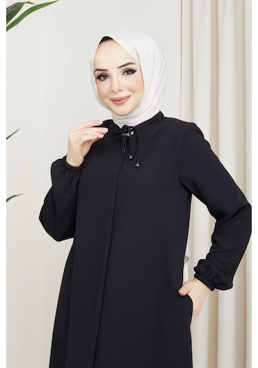 Salaş Kesim Yakası Bağcıklı Tesettür Ferace Siyah