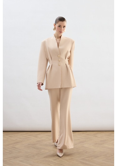 Sateen Gold Düğmeli Uzun Ceket - Bej-136771 Bej