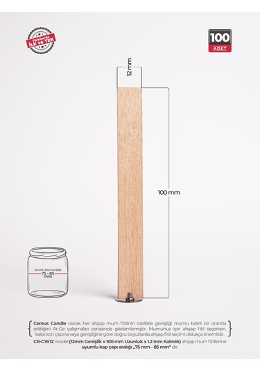 Ahşap Mum Fitili 12 Mm Genişlik Nikel Kaplama Çelik Taban, 3m Köpük Bantlı,100 Lü Set Ahşap