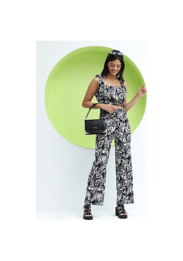 Polo State Kadın Askılı Çiçek Desenli Crop Siyah