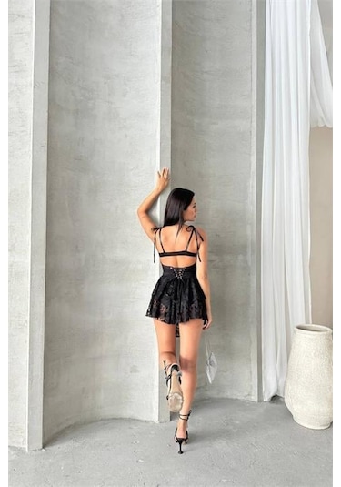 Dip Moda Kadın İçi Şortlu Prenses Mini Elbise Dpnbdf060 Siyah