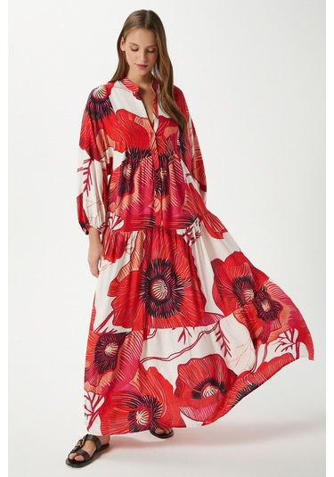 Modest Kadın Catina Kırmızı Çiçekli %100 Viskon Maksi Boy Yazlık Elbise Kırmızımercanekru Çok Renkli