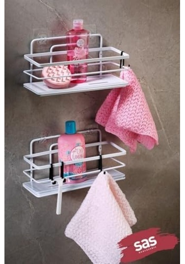 Haus Yapışkanlı Ömür Boyu Paslanmaz Kristal Ayarlanabilir Raf Banyo Düzenleyici Şampuanlık 2 Adet Beyaz - Siyah