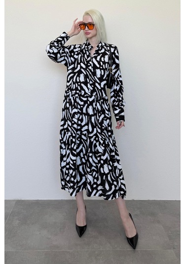 Madmext Beyaz Uzun Kollu Düğmeli Desenli Elbise Mg2431 Beyaz