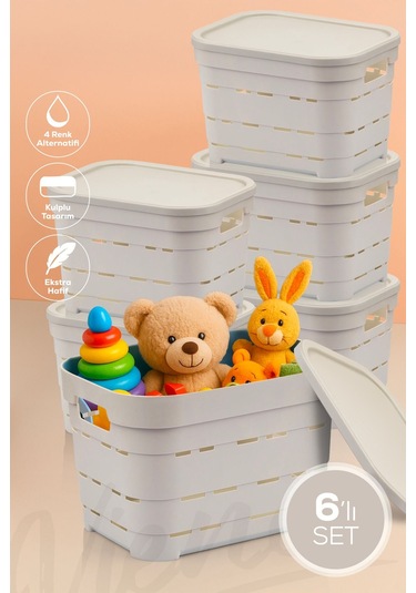 Vienev 6'lı Kapaklı 5 Litre Delikli Saklama Kutusu Bej Bej