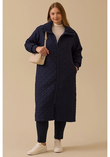 Galaxi Kadın Büyük Beden Kapitone Fermuarlı Pardesü 4002 Lacivert Lacivert