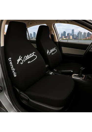 Atatürk İmzalı Siyah Servis Kılıfı Penye Oto Koltuk Kılıfı Yıkanabilir, Ön Arka Koltuk Kılıfı Seti