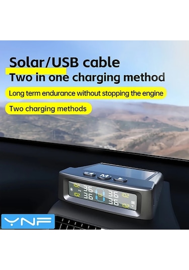 Xuweiwei Siyah 4 Sensörlü Ynf Solar Usb Tpms Lastik Basınç Ve Sıcaklık Monitörü Çift Şarj Zararsız Kurulum Akıllı Ekran Tüm Araçlar İçin