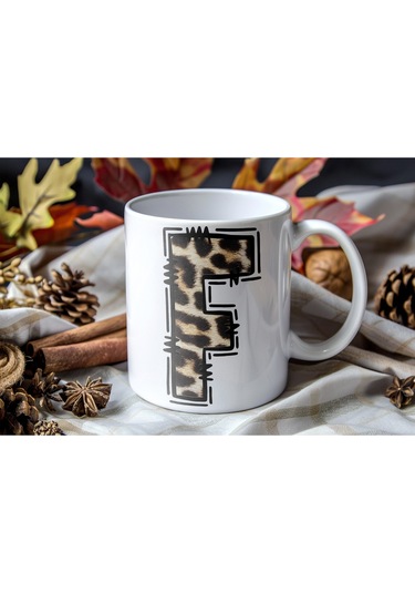 F Baş Harf Leopar Desenli Kupa Bardak - Kişiye Özel Feminen Konsept Hediye - Vahşi Hayvan Desenli Beyaz