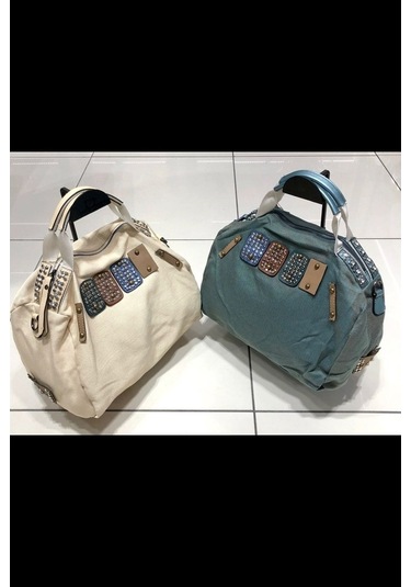 Sentt Büyük Boncuklu Kot Kumaş Çanta-Turkuaz