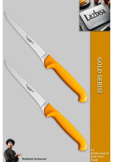 Lazbisa Mft-020 Gold Serisi Mutfak Fileto Bıçağı Steak Bıçak Et Balık Tavuk Kesme Fileto Bıçağı 2 Li Set