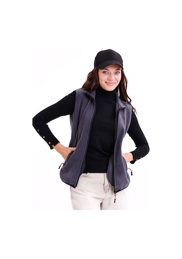 Monox Kadın Slim Fit Tam Fermuarlı Polar Yelek Füme