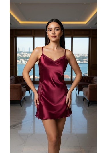 Night Light Kadın Saten Kısa Bordo Şık Gecelik Bordo