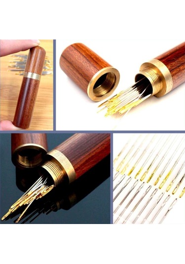 Omeniv 24 adet Özel Dikiş İğnesi Doğal Ahşap Pirinç Kutu