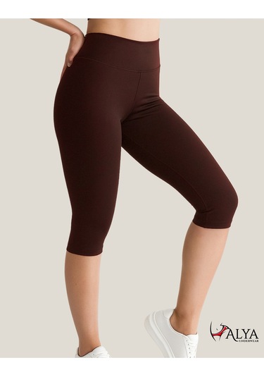 Diz Altı Kapri Tayt Yüksek Bel Likralı Parlak Dalgıç Kumaş, Antrasit Füme Kahverengi