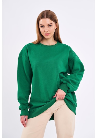 Comeor Yeşil Kadın Pamuklu Oversize Basic Bisiklet Yaka Sweatshirt 001