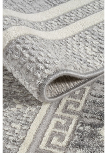 %100 Akrilik Sık Dokuma Şerit Krem - Gri Parlak İplik Makine Mutfak Koridor Salon Yatak Odası Halı