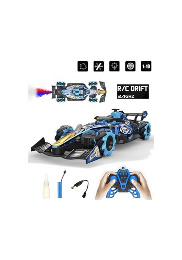 Sesli Işıklı Şarjlı 1:10 Büyük Ölçek Kumandalı Duman Atan Full Fonksiyon F1 Araç Rc Oyuncak Araba Mavi Mavi