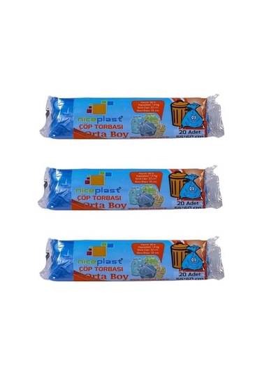 Niceplast Orta Boy Çöp Torbası Poşeti Mavi 55 x 60 CM 30 L 3 x 20'li