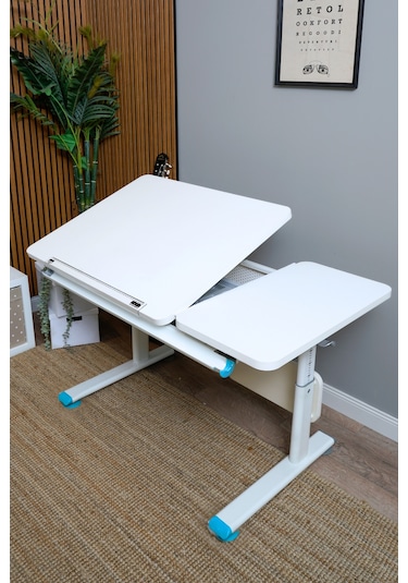 Vega Simple Ayarlanabilir Beyaz Çalışma Masası, Modern Yükseklik Ayarlı Bilgisayar Ve Ofis Masası Mavi