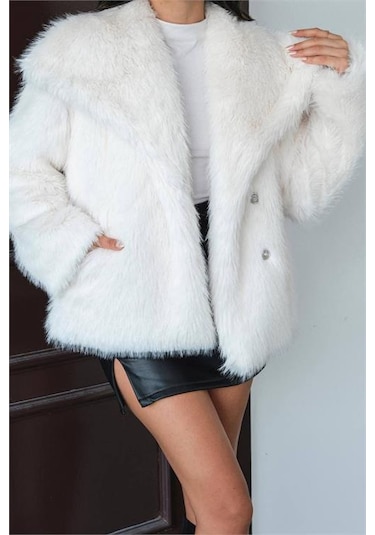 Neşeli Butik Kadın Ekru Astarlı Kürk Kaban Nbmylk32 Ekru